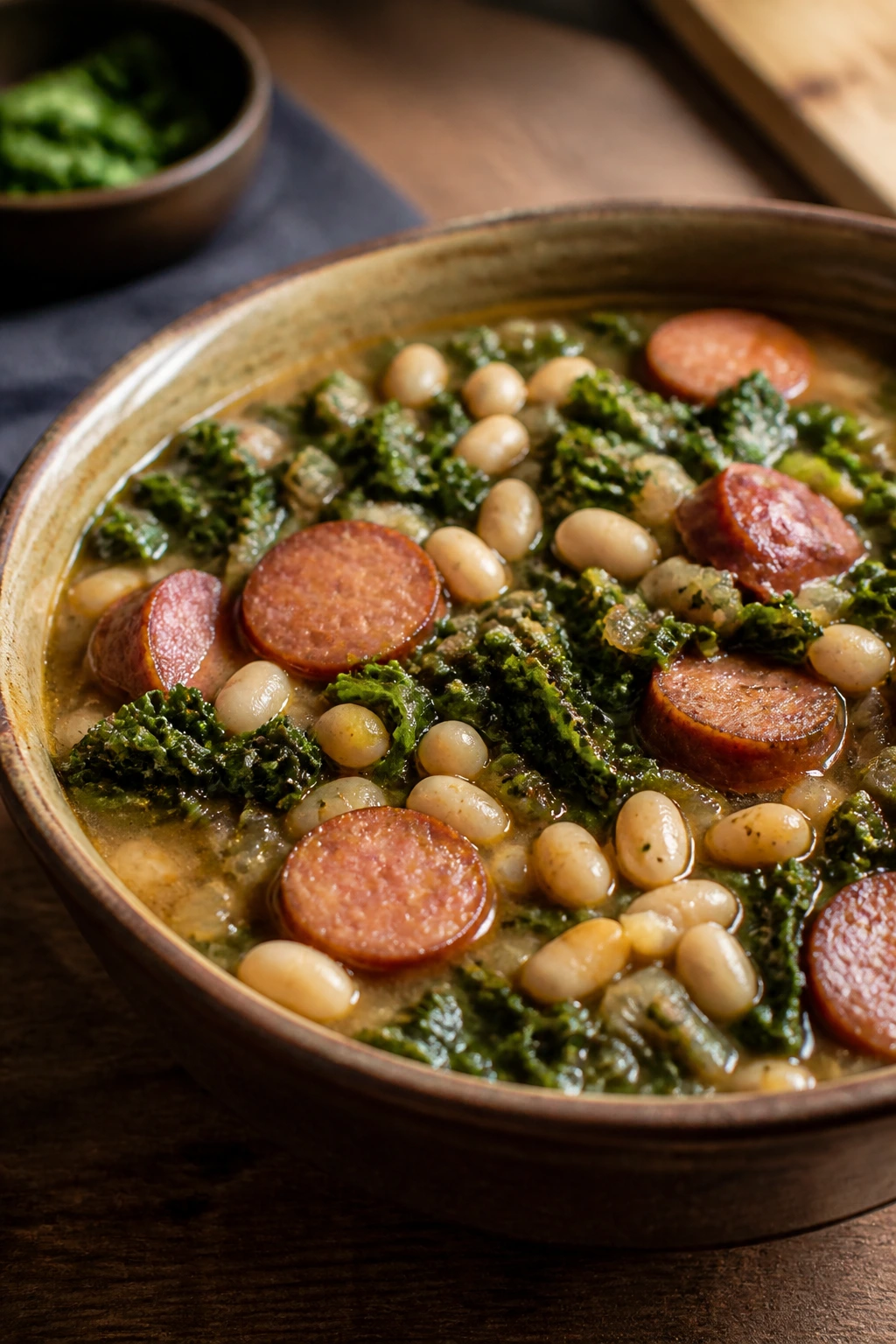 Hearty white bean kale sausage stew in a warm kitchen setting