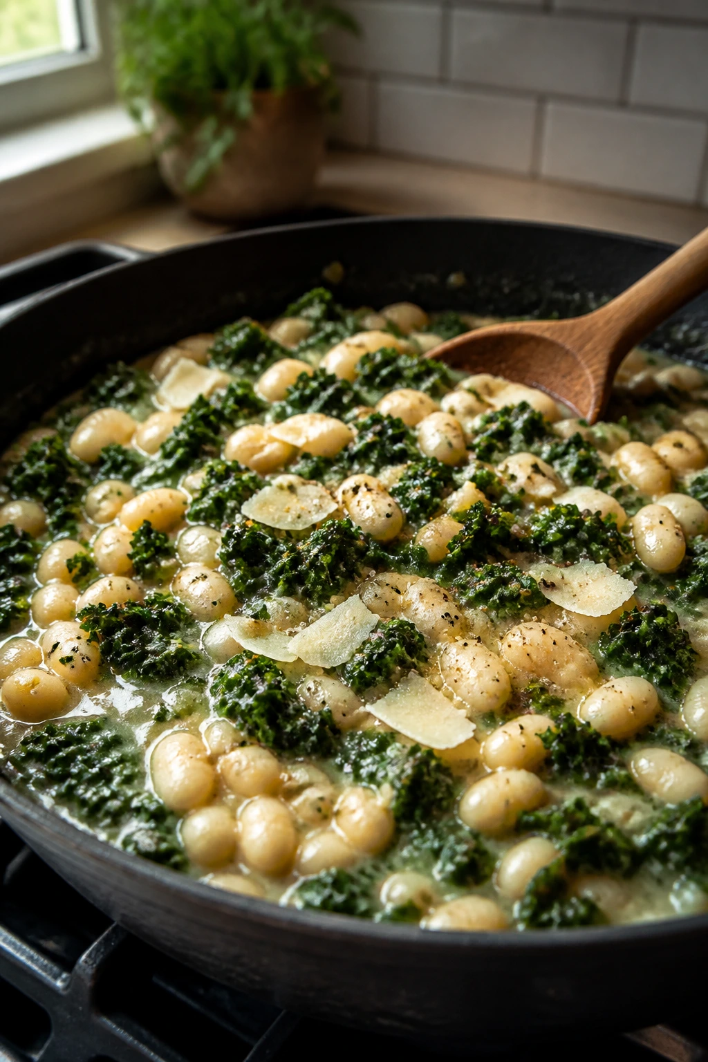 Close-up of white bean and kale skillet on stove