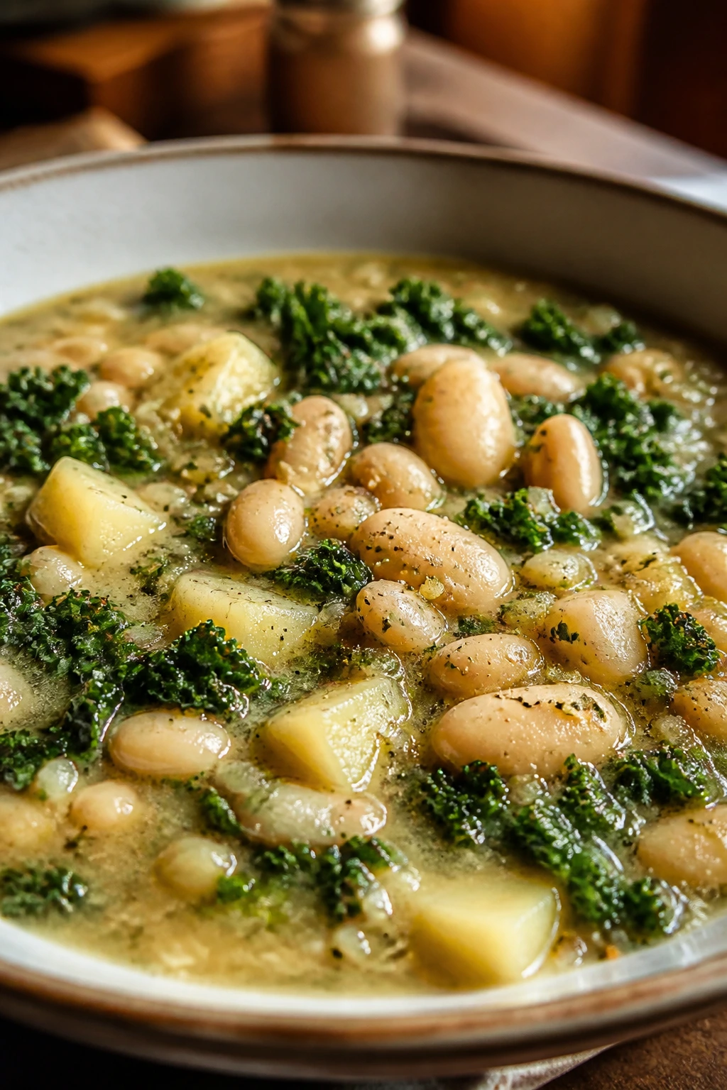Bowl of white bean kale stew steaming in a cozy kitchen
