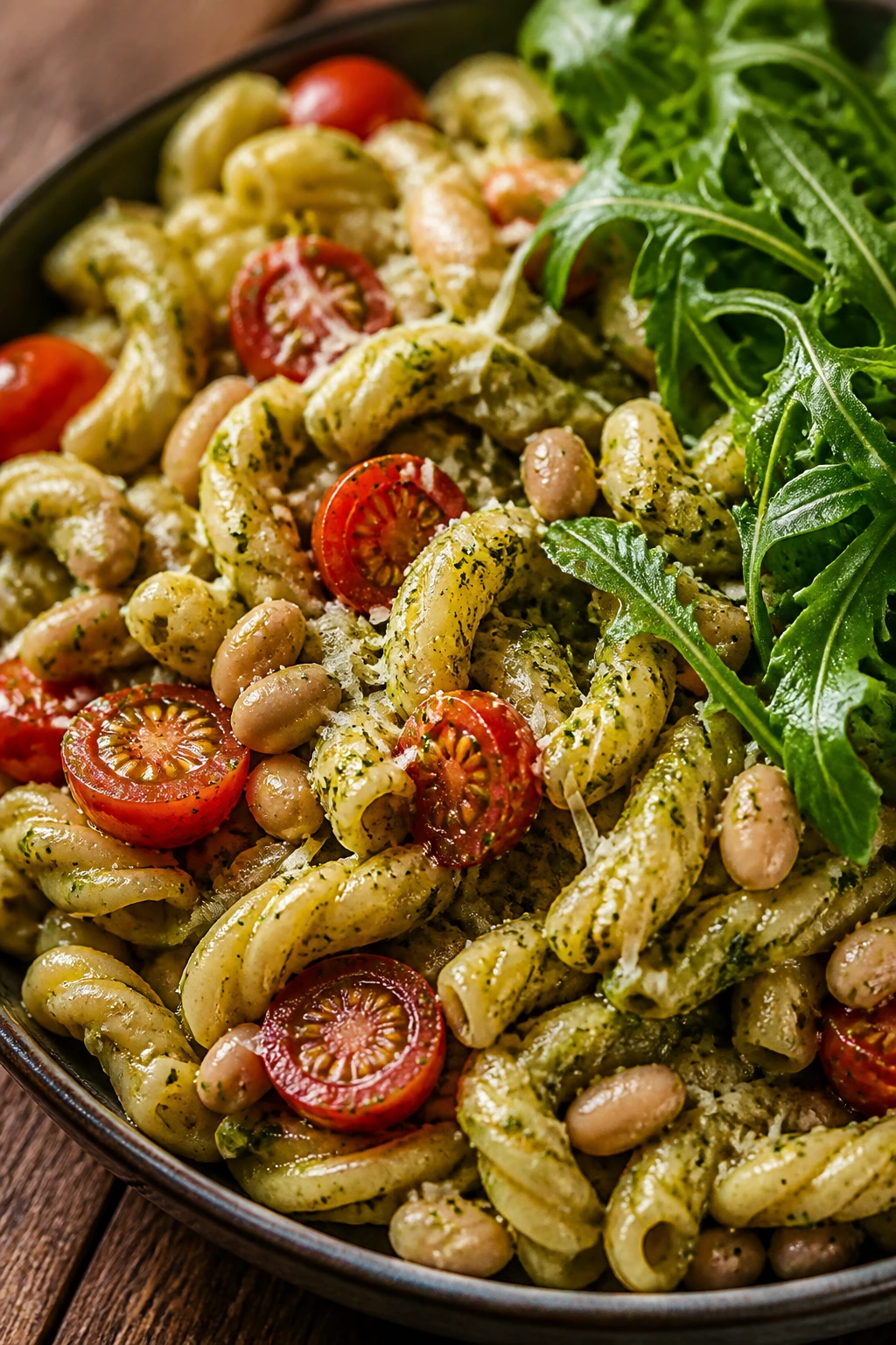 Plate of white bean pesto pasta with tomatoes and arugula