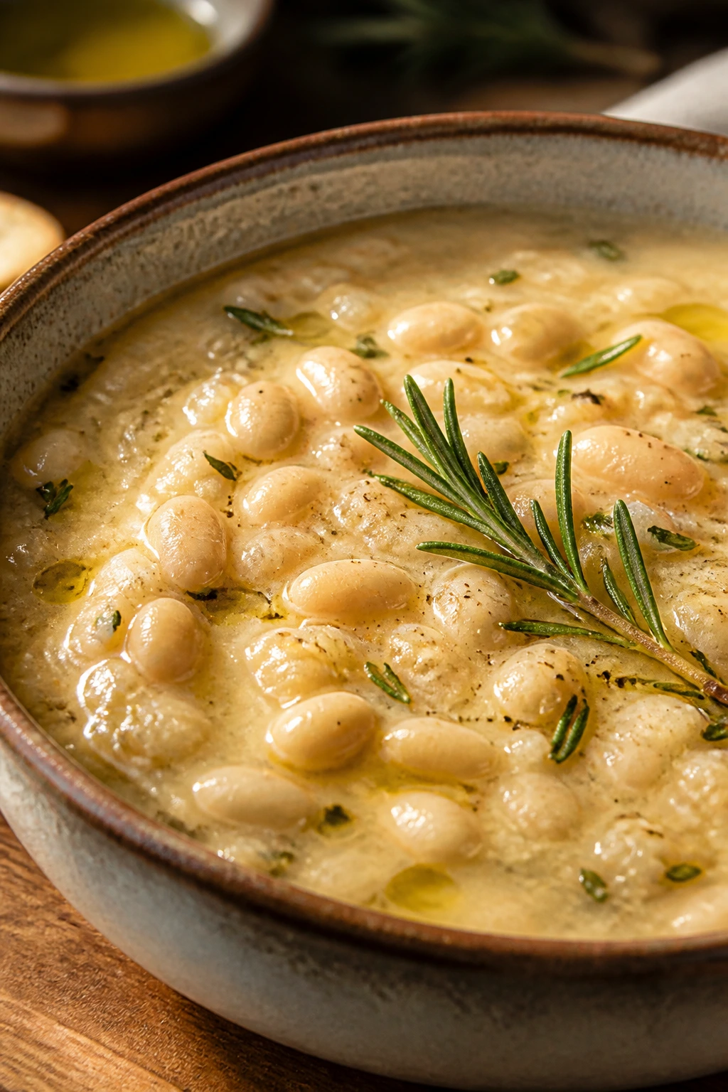 Creamy white bean soup with rosemary in a rustic bowl