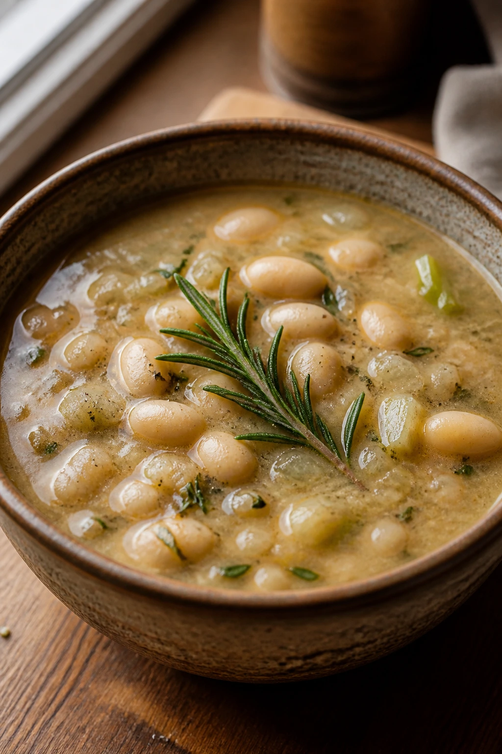 Close-up of white bean and rosemary soup in rustic bowl on wooden table