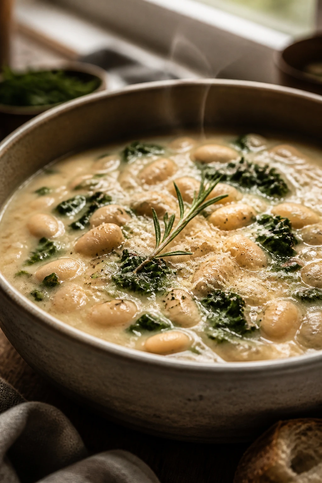 Creamy white bean soup with kale in a rustic bowl