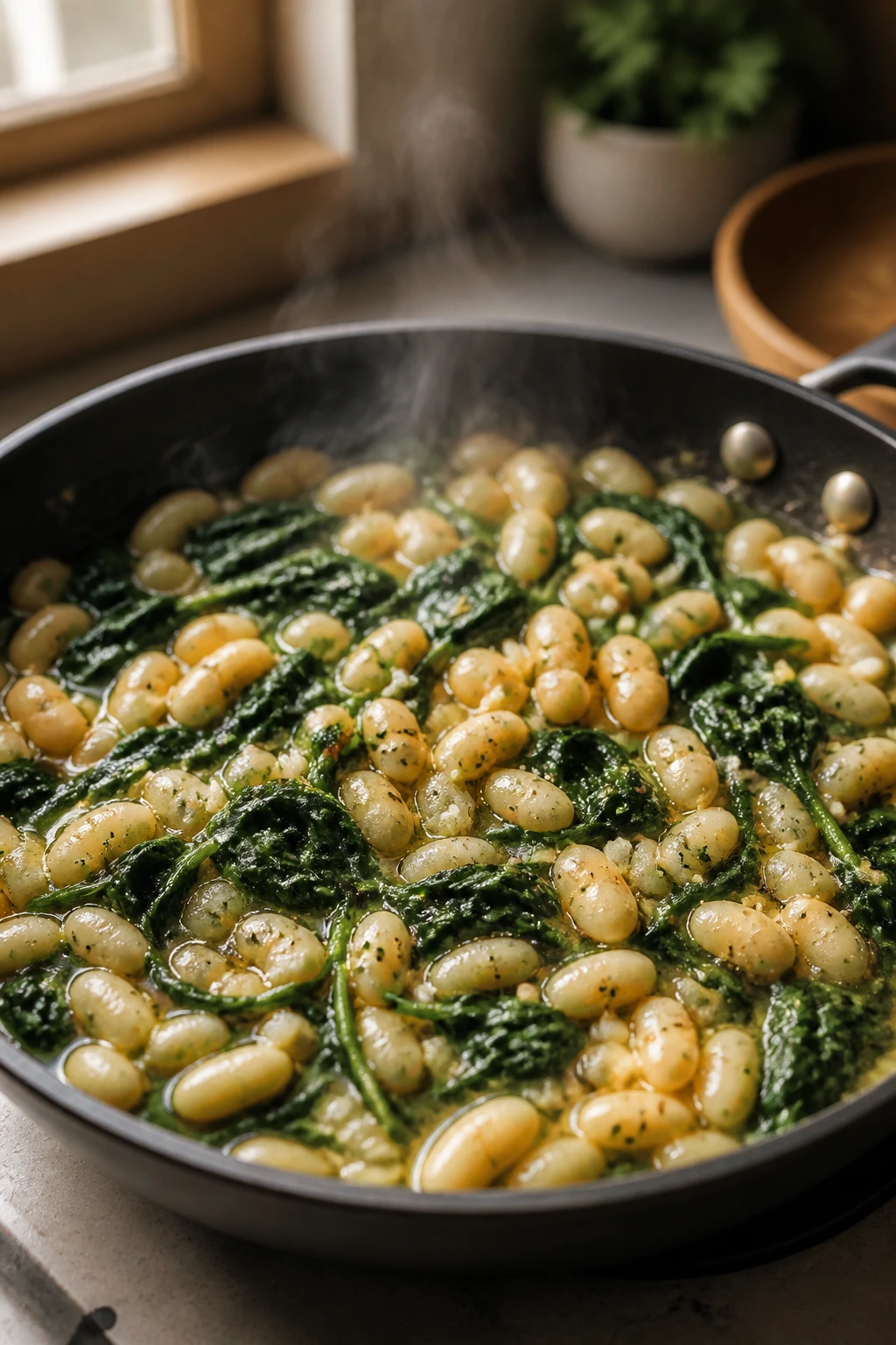 Skillet with white beans and spinach in a kitchen