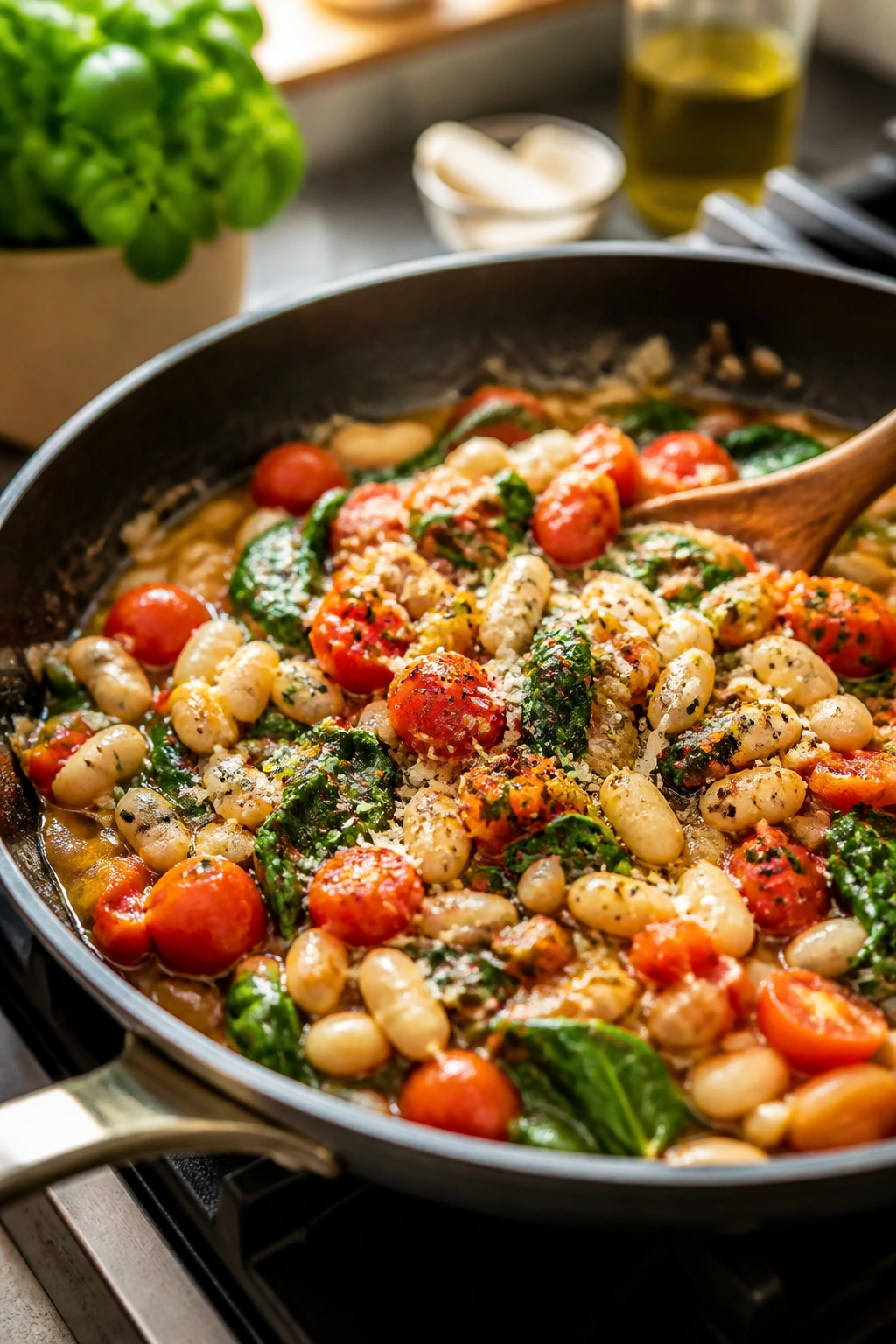 Close-up of white bean tomato spinach skillet on a stove