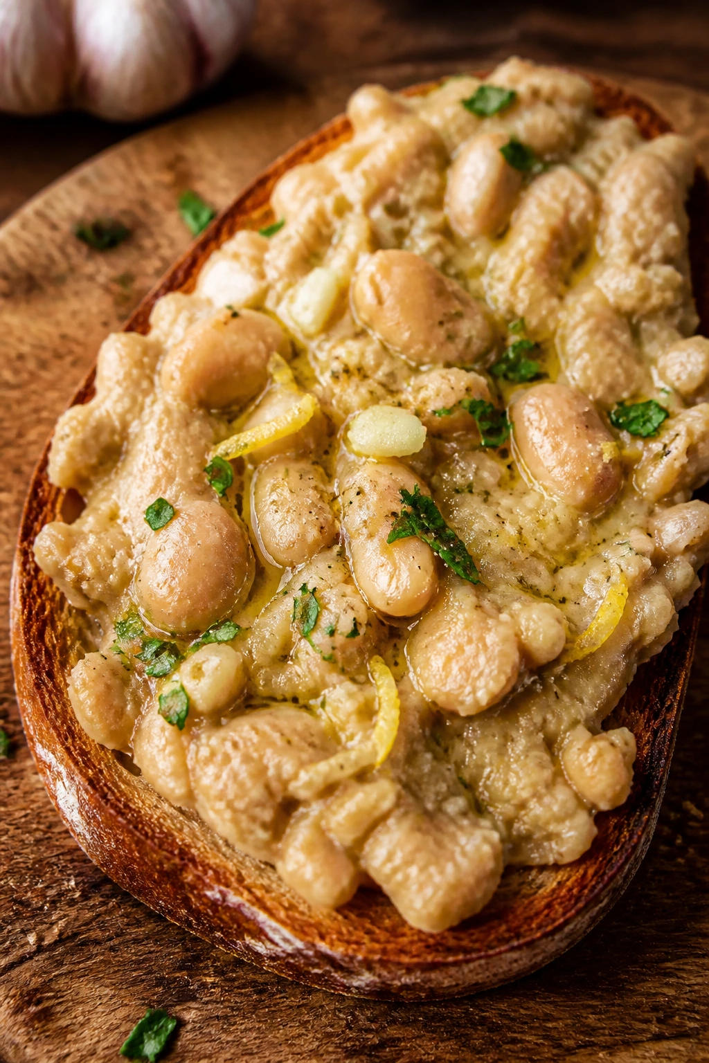 Close-up of garlicky white beans on toast on a wooden board