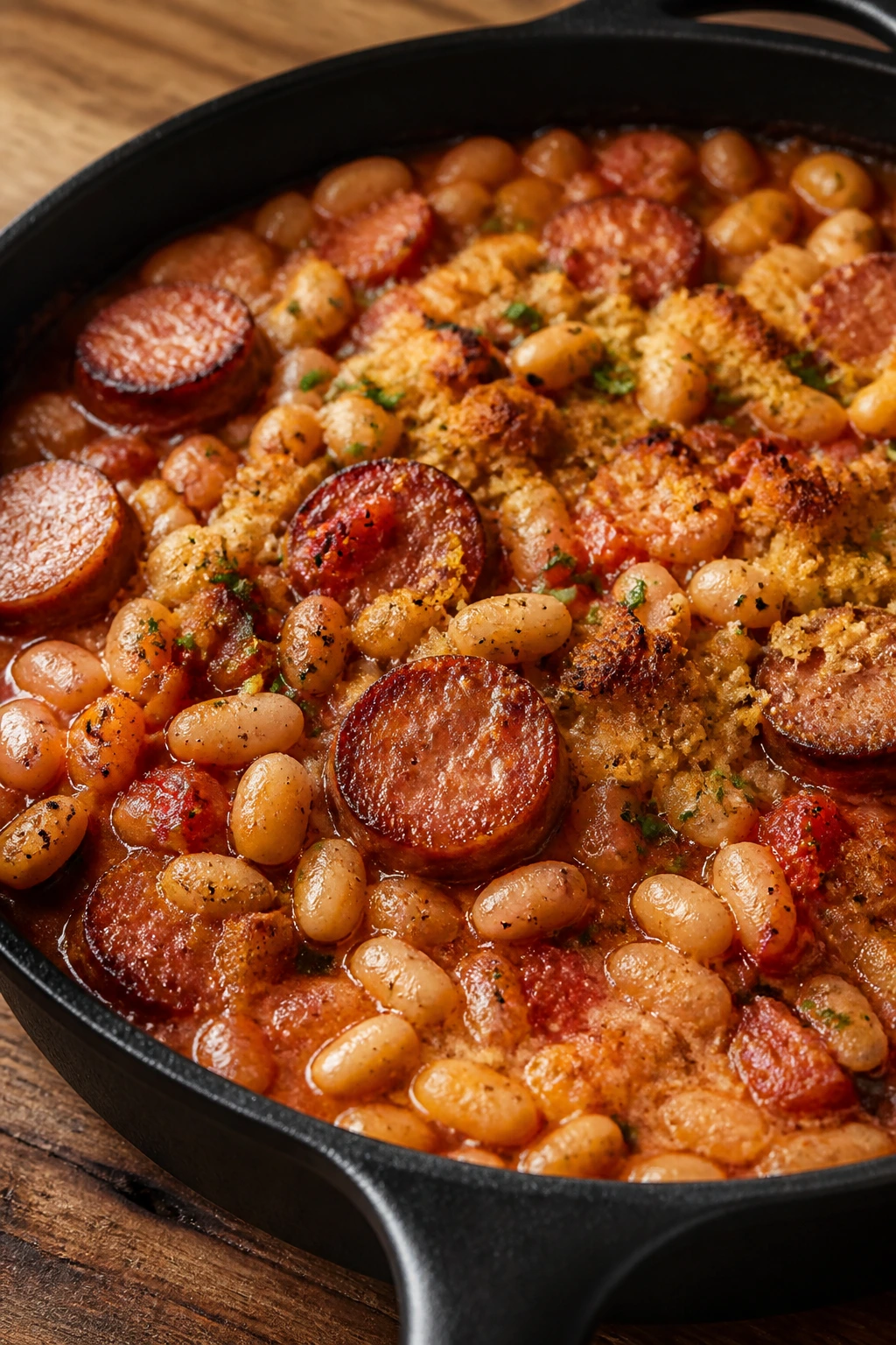 Close-up of white bean and tomato bake with smoked sausage.
