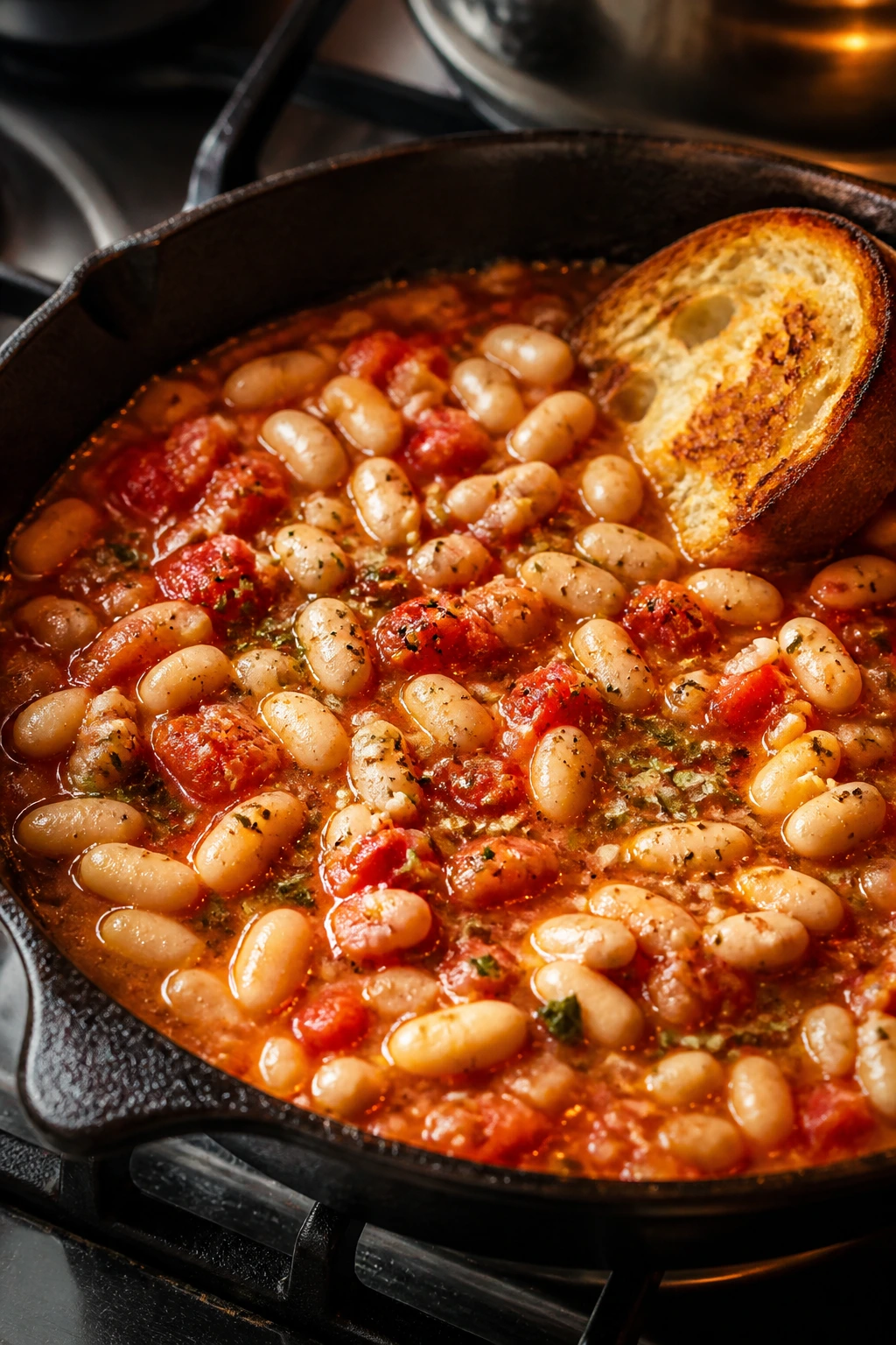 Creamy white bean and tomato skillet in a skillet