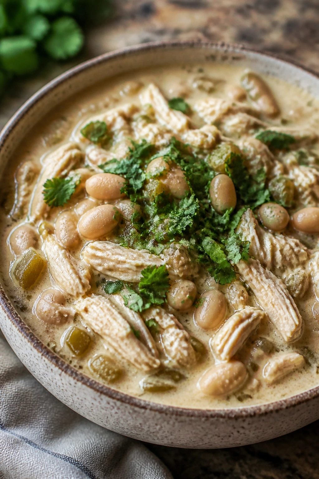 Creamy white chicken chili in a bowl with beans and chiles