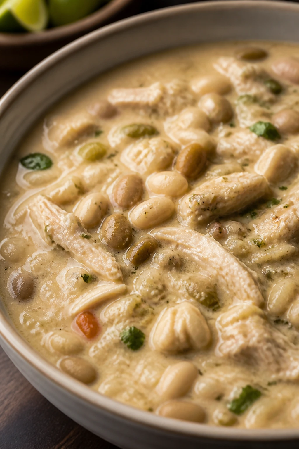 Creamy white chicken chili in a bowl
