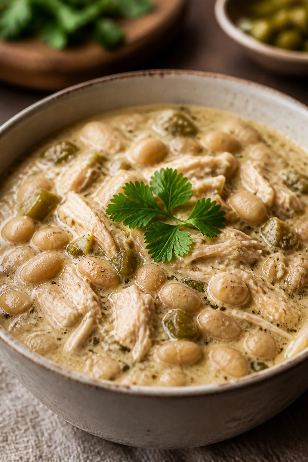 Close-up of white chicken chili in a bowl with cannellini beans