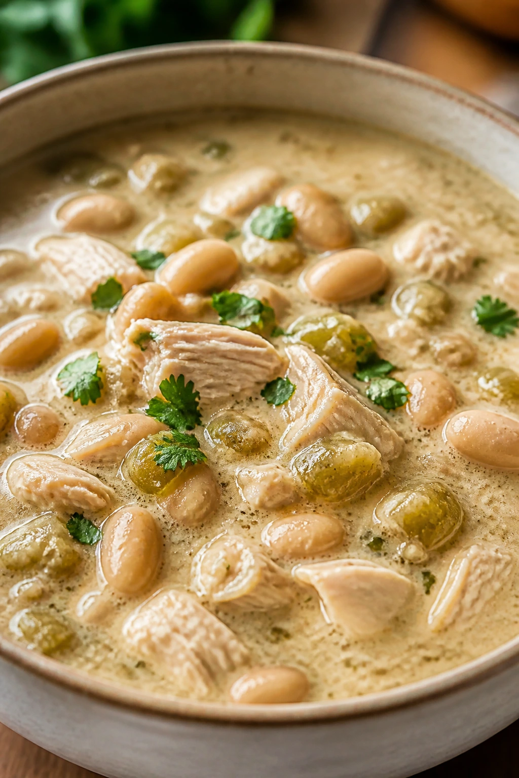 Close-up of White Chicken Chili with cannellini beans