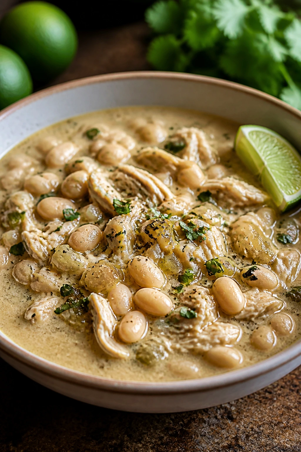 Creamy white chicken chili in a bowl with beans and chicken