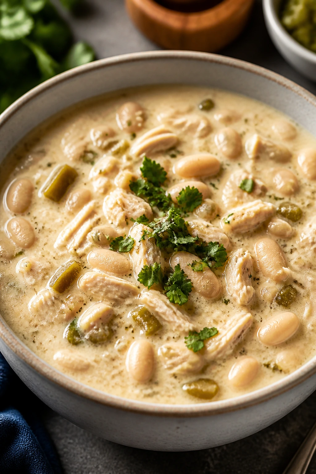 White chicken chili with beans and green chiles in a bowl on a kitchen counter.