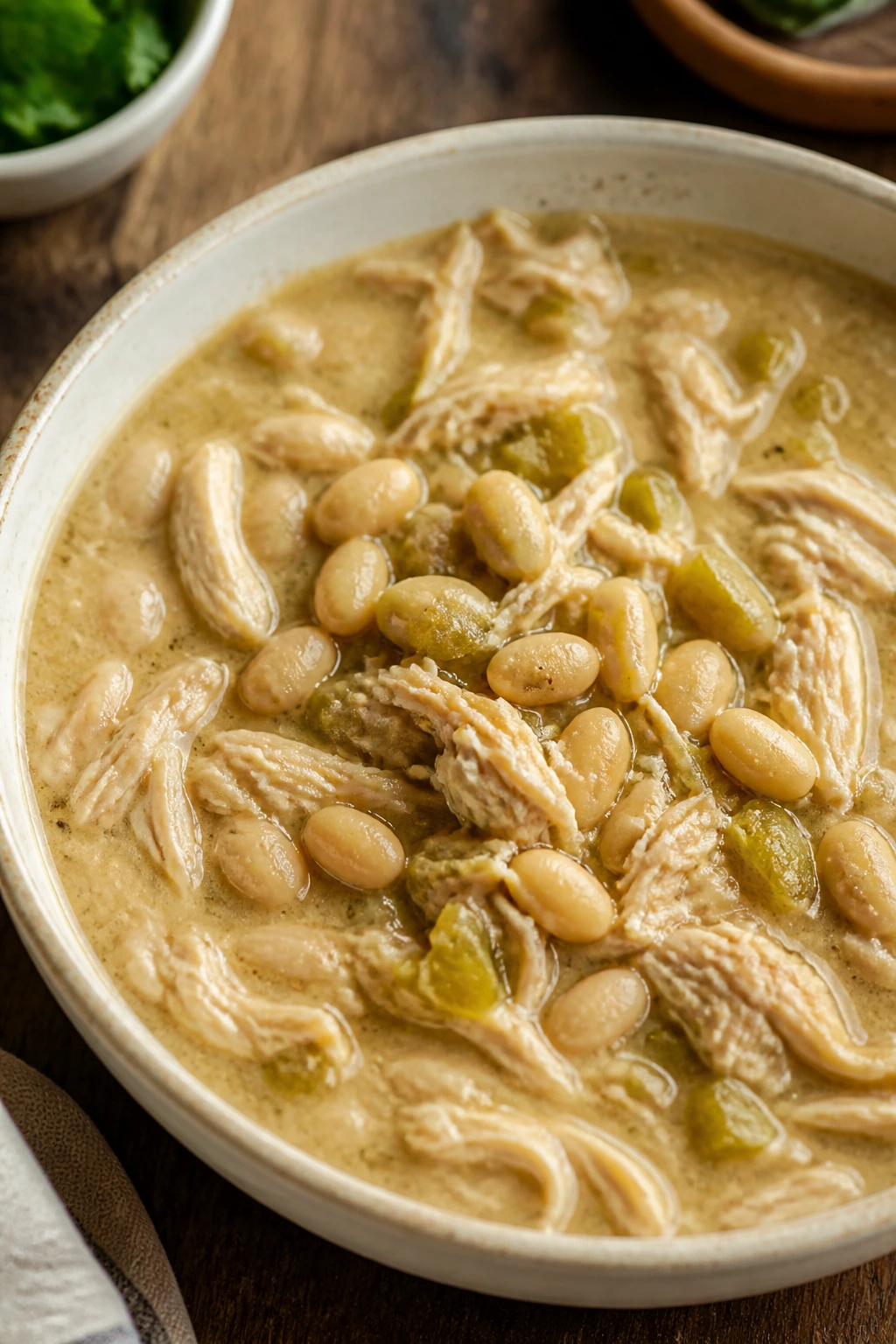 Creamy white chicken chili in bowl with beans and green chiles