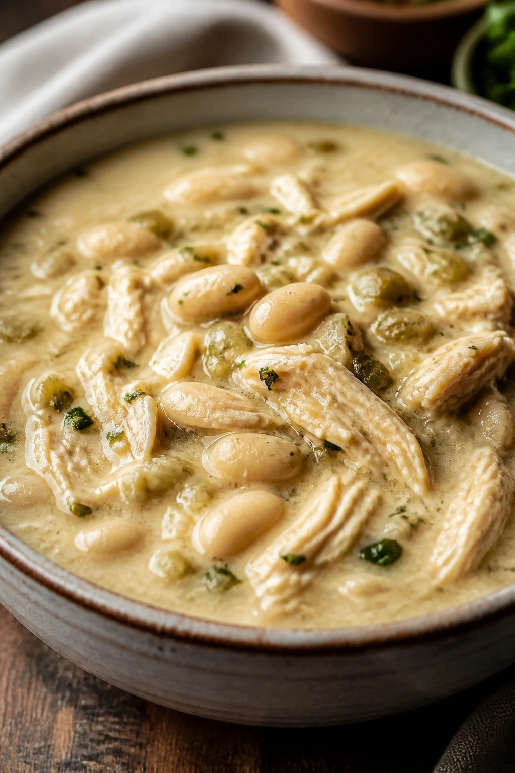 Creamy white chicken chili in a bowl