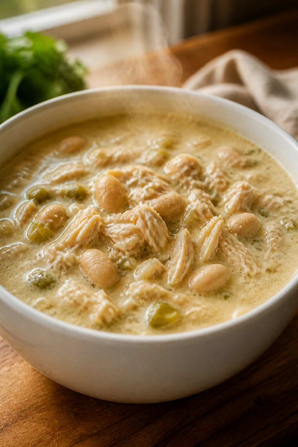 Creamy white chicken chili in a bowl with beans and chicken