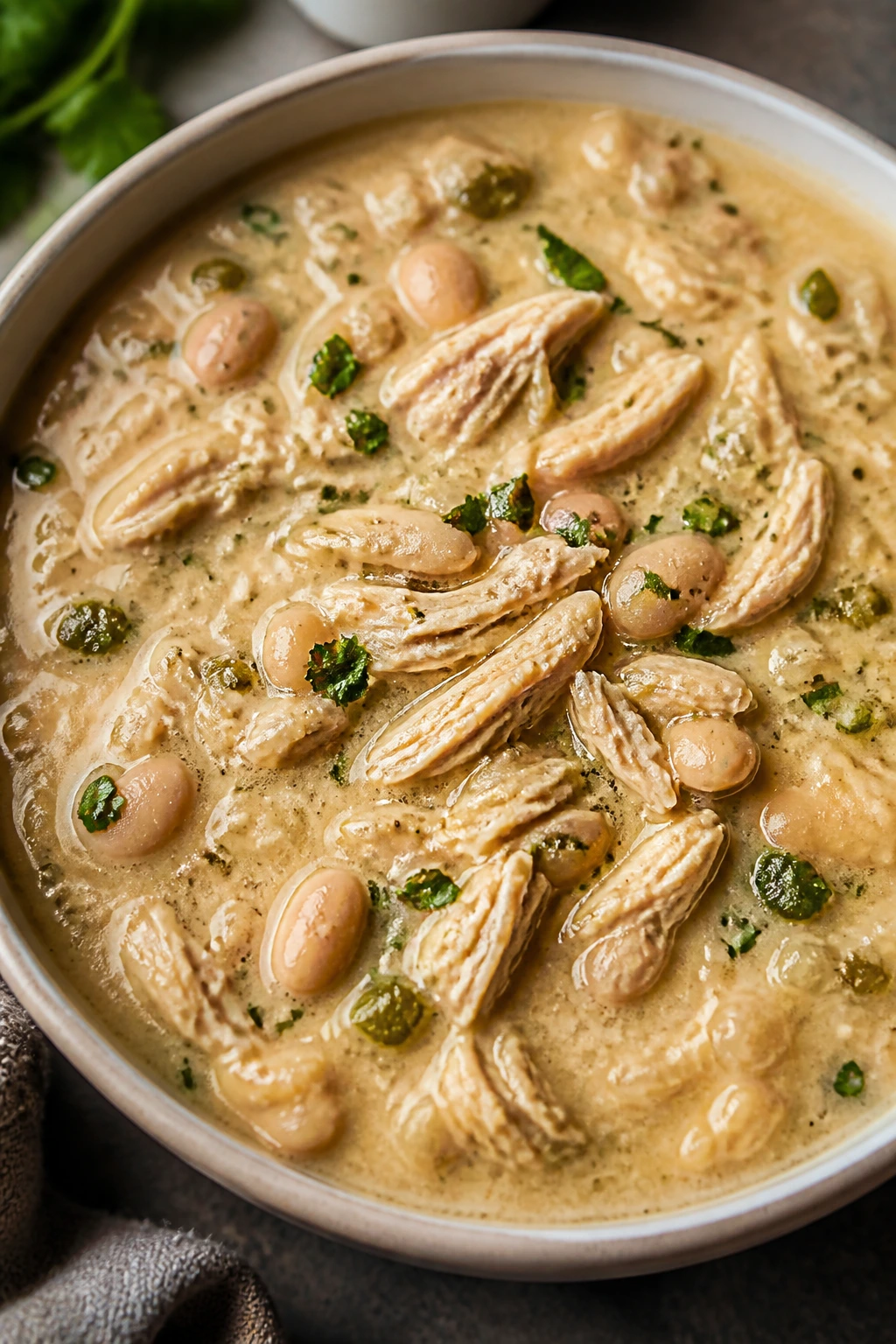 Creamy white chicken chili in a bowl with white beans and chicken