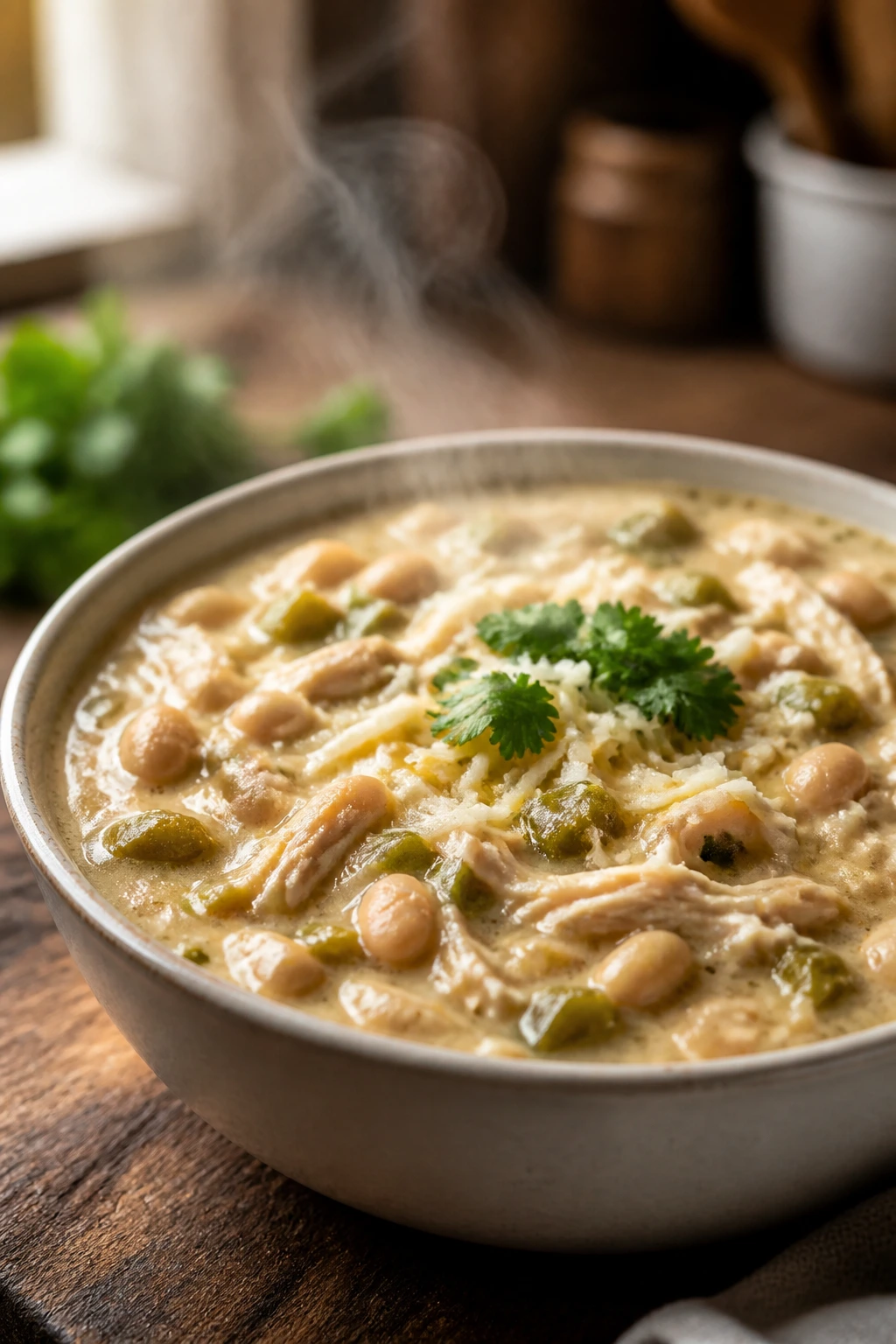 Creamy white chicken chili in a bowl with beans and green chiles