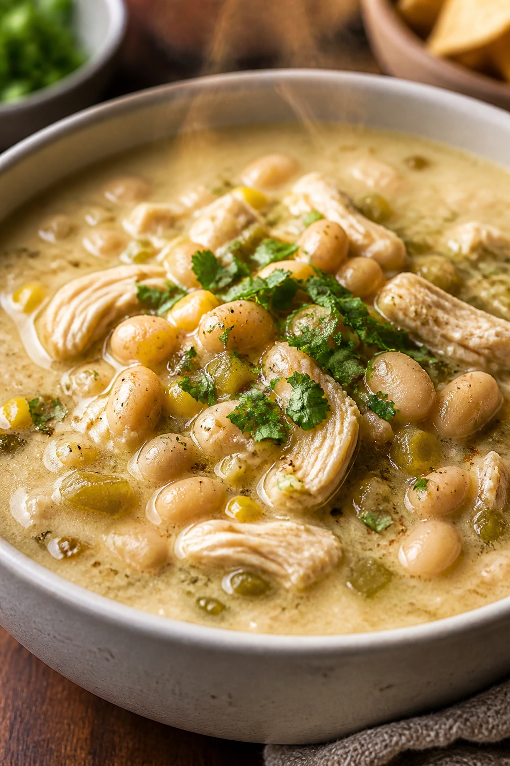 White chicken chili in a bowl with beans and corn