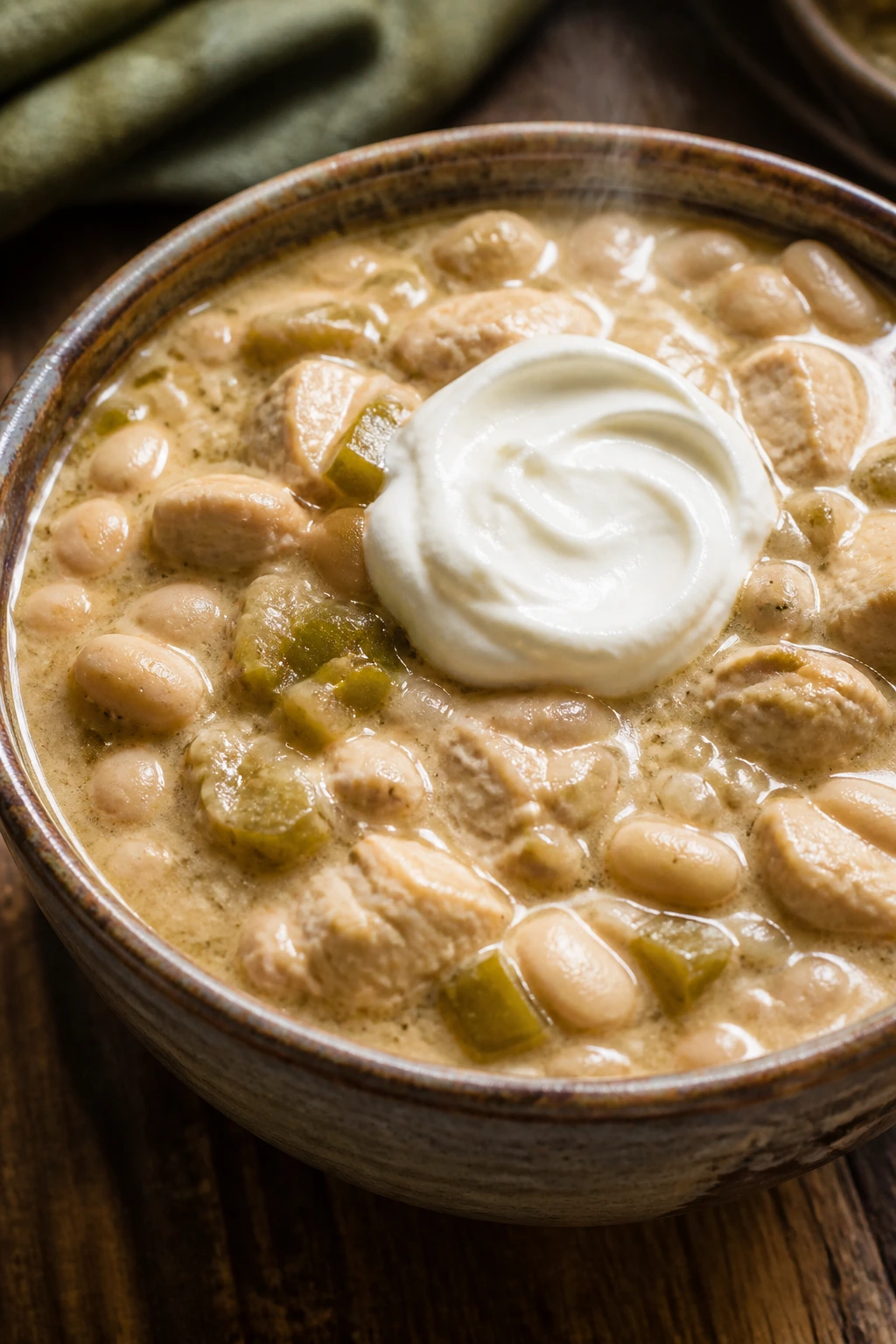 Steaming white chicken chili in a rustic bowl with beans and green chiles