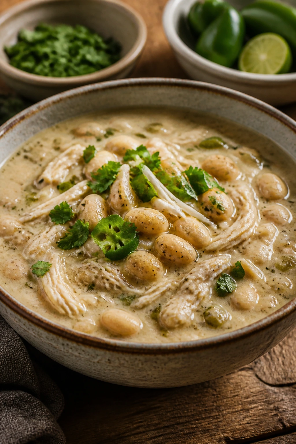 Creamy white chicken chili with beans in a bowl