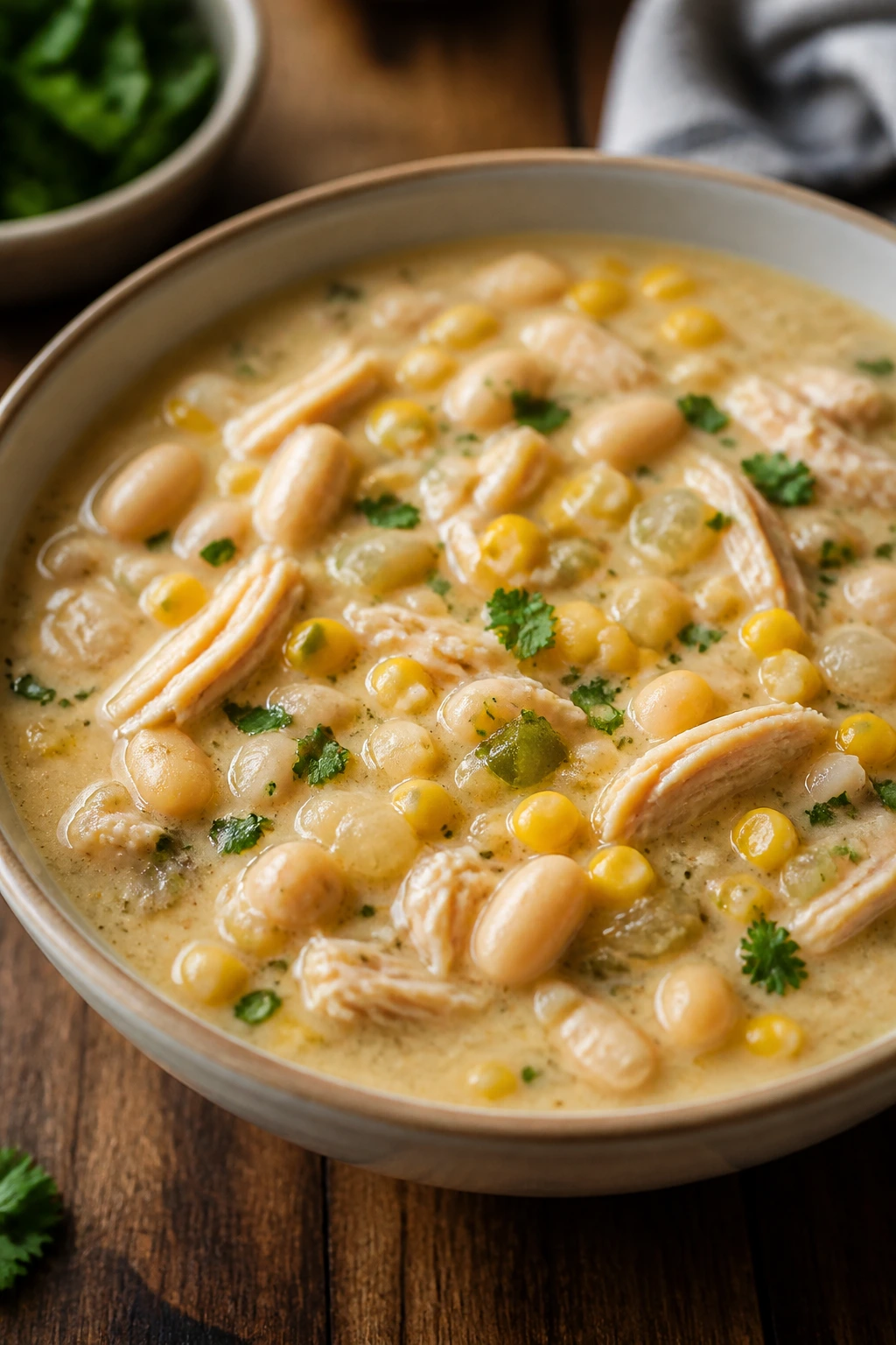 Steaming bowl of mild white chicken chili with beans and corn