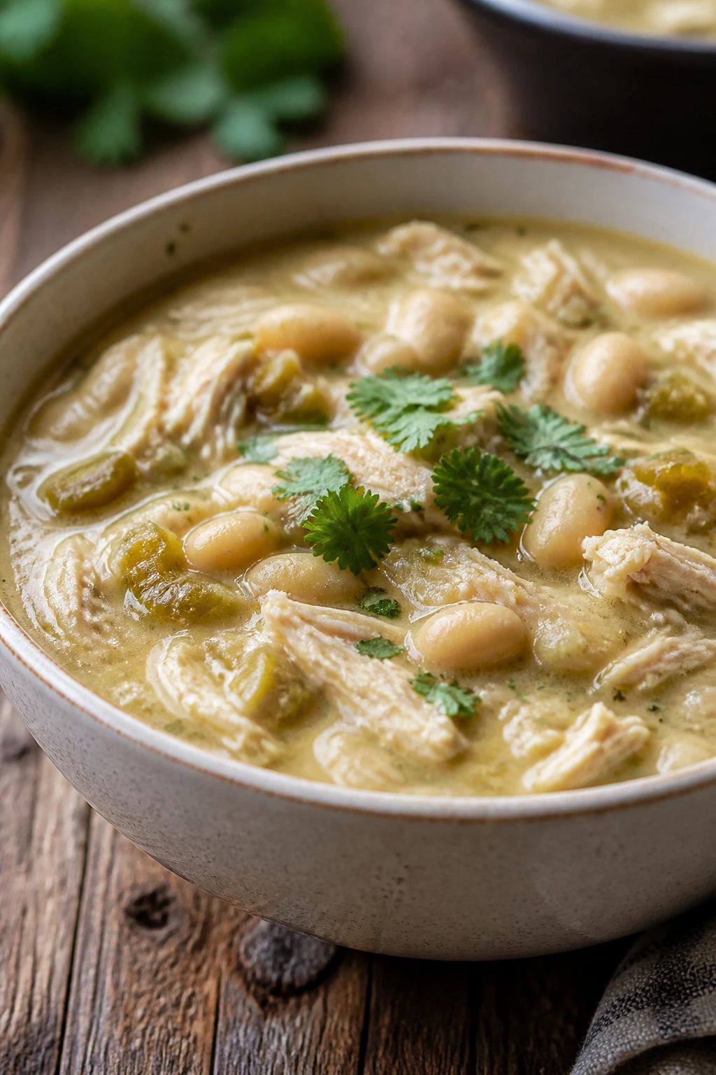 Creamy white chicken chili with beans and chicken in a bowl