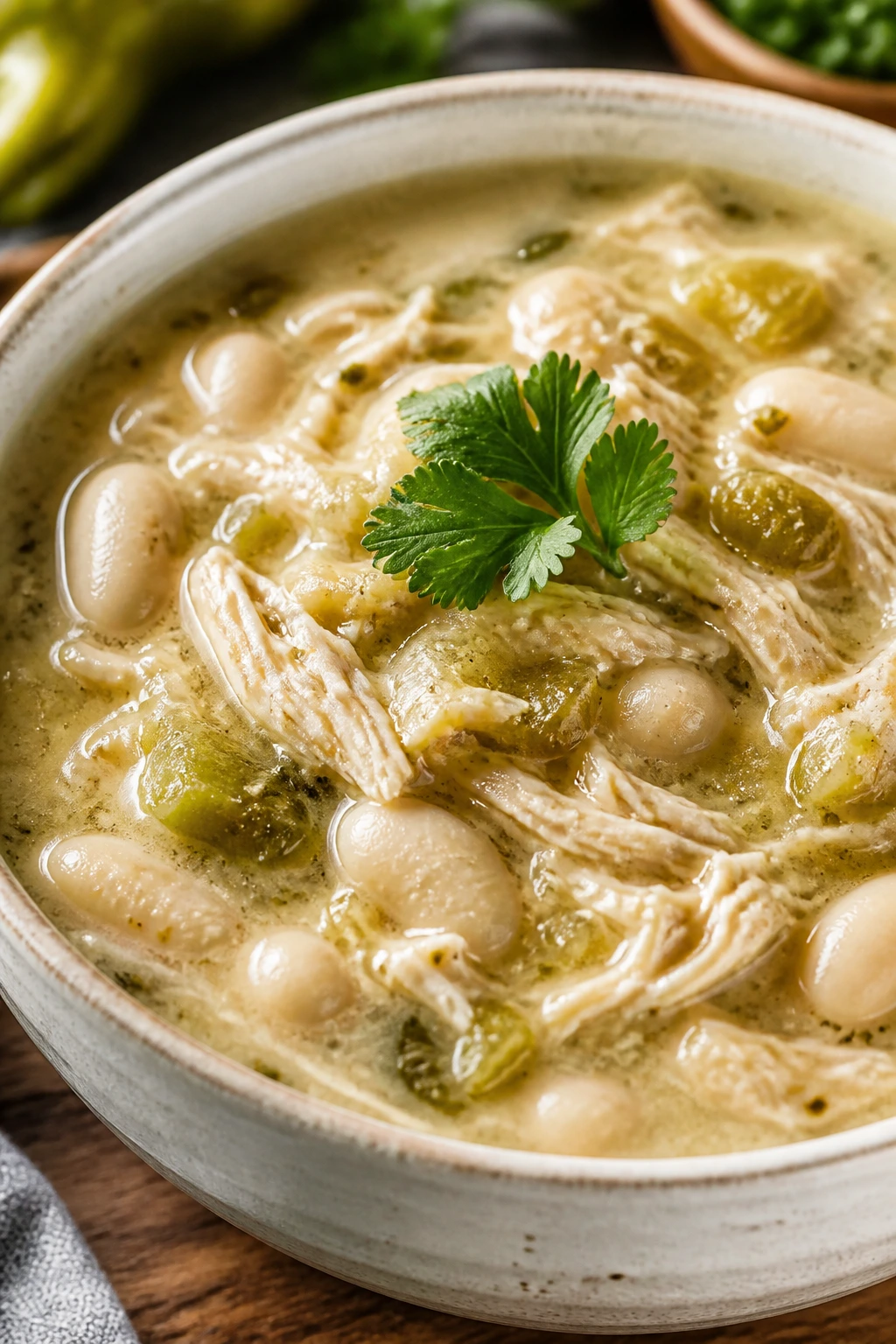 White chicken chili with cannellini beans and green chiles in a bowl