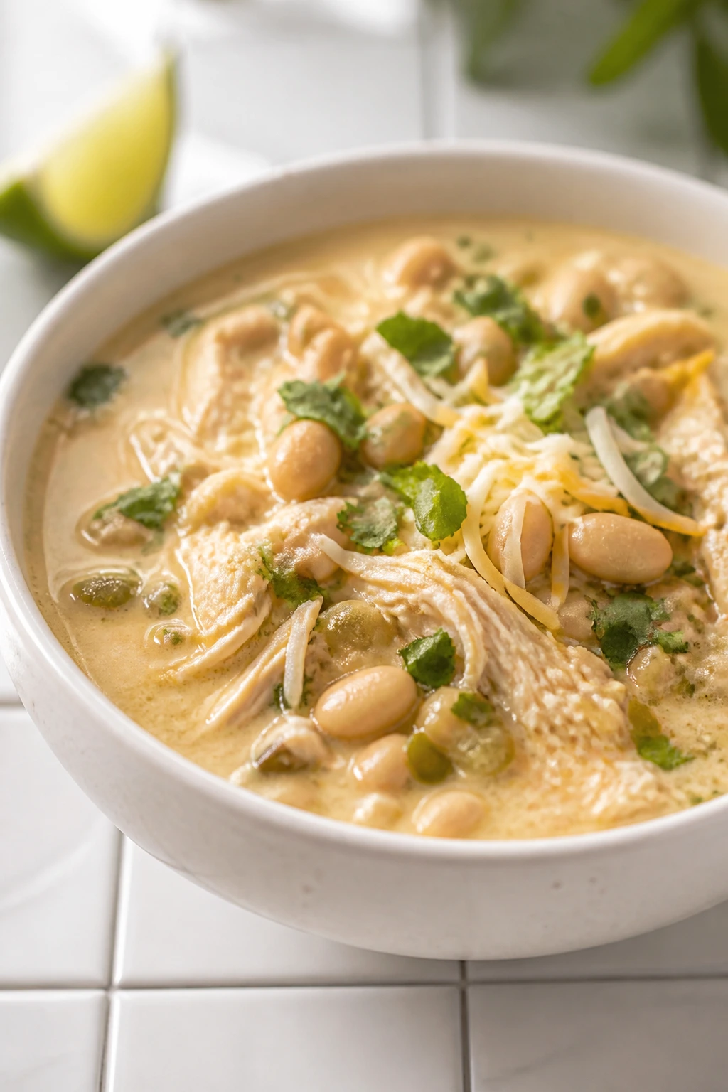 Medium close-up of white chicken chili in a bowl with beans and chicken.