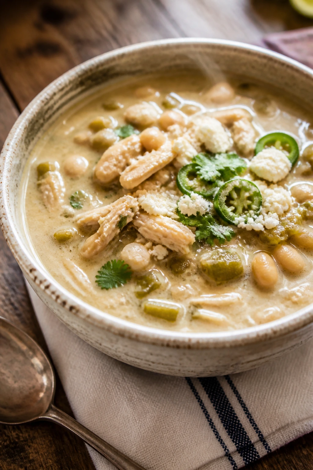 Creamy white chicken chili in a bowl with cannellini beans and green chiles