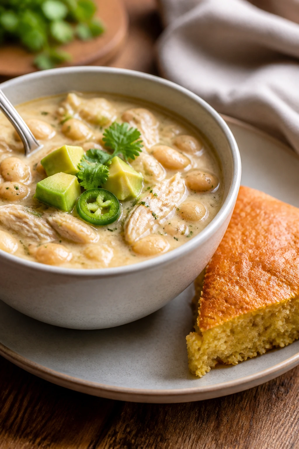 Bowl of white chicken chili with cornbread wedge.