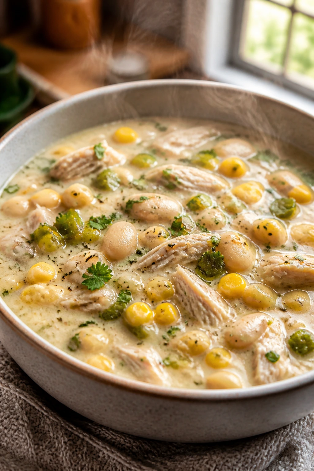 Creamy white chicken chili with green chiles and corn in a bowl