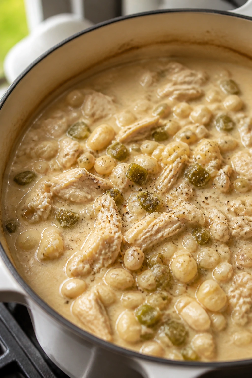 Close-up of white chicken chili stew with hominy and beans