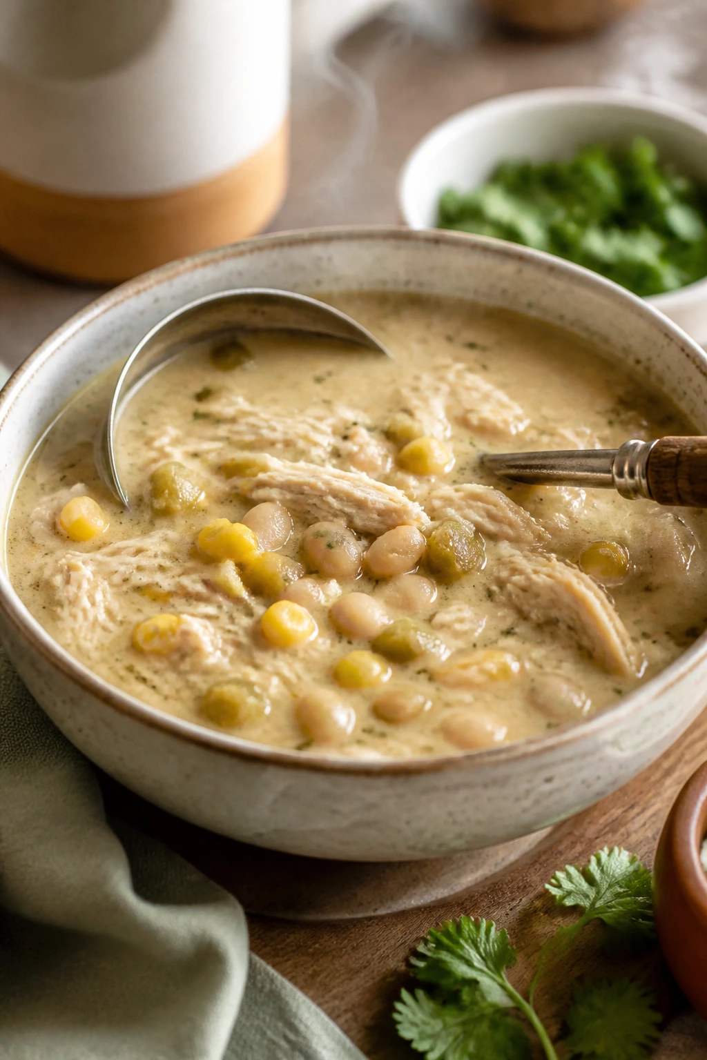 Bowl of mild white chicken chili with beans and corn in creamy broth