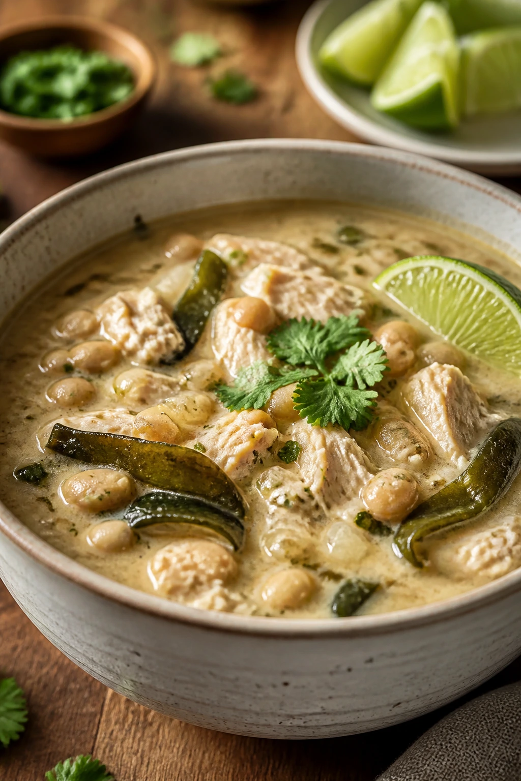 Close-up of White Chicken Chili with Roasted Poblanos in a bowl