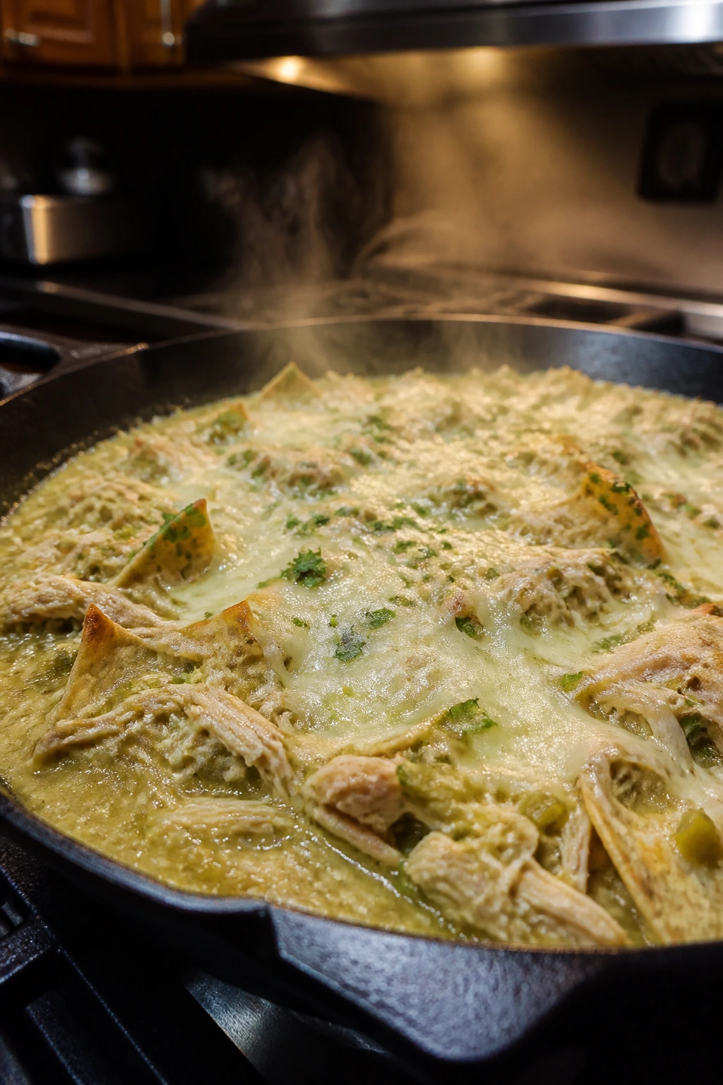 Creamy green enchilada skillet with chicken and melted cheese.
