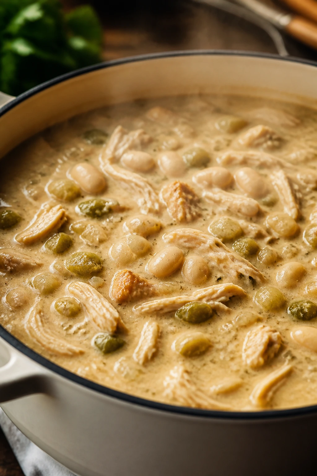 Creamy white chicken chili in a pot