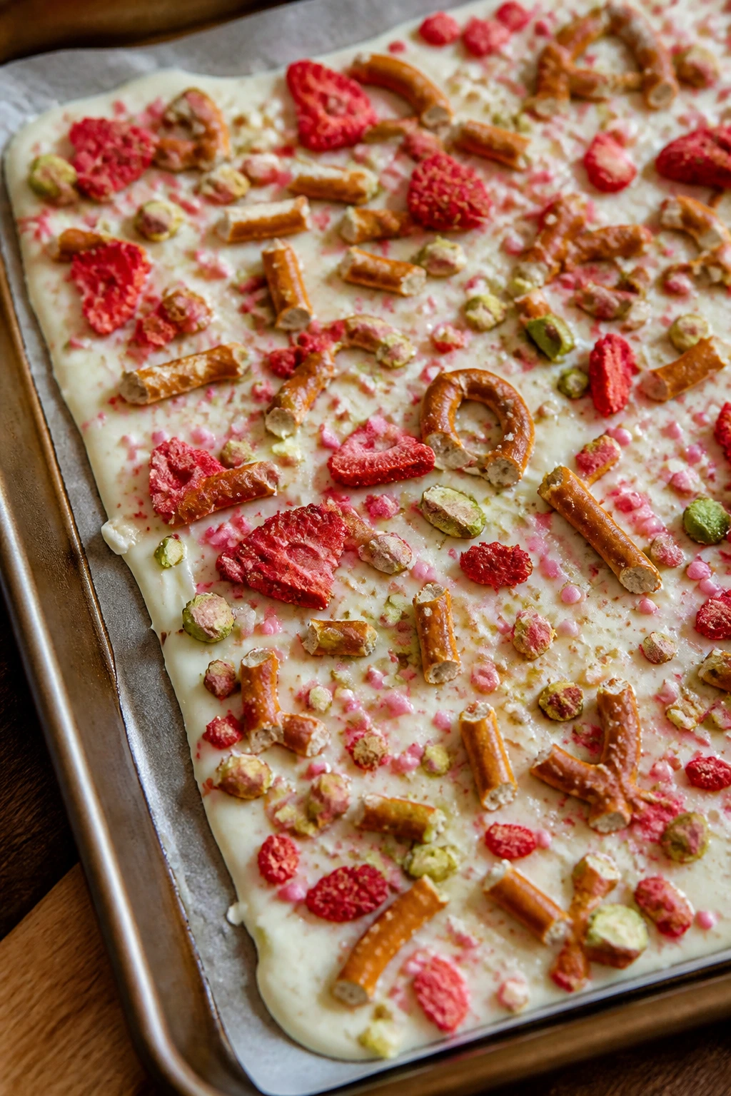 Close-up of white chocolate bark with pretzels and pink toppings on parchment