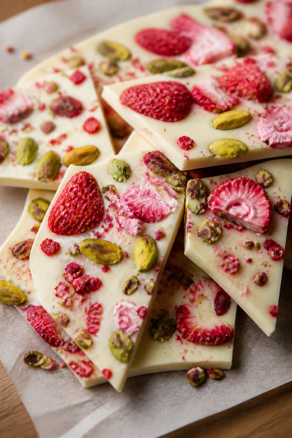 Close-up of white chocolate bark shards with pink fruits and pistachios on parchment