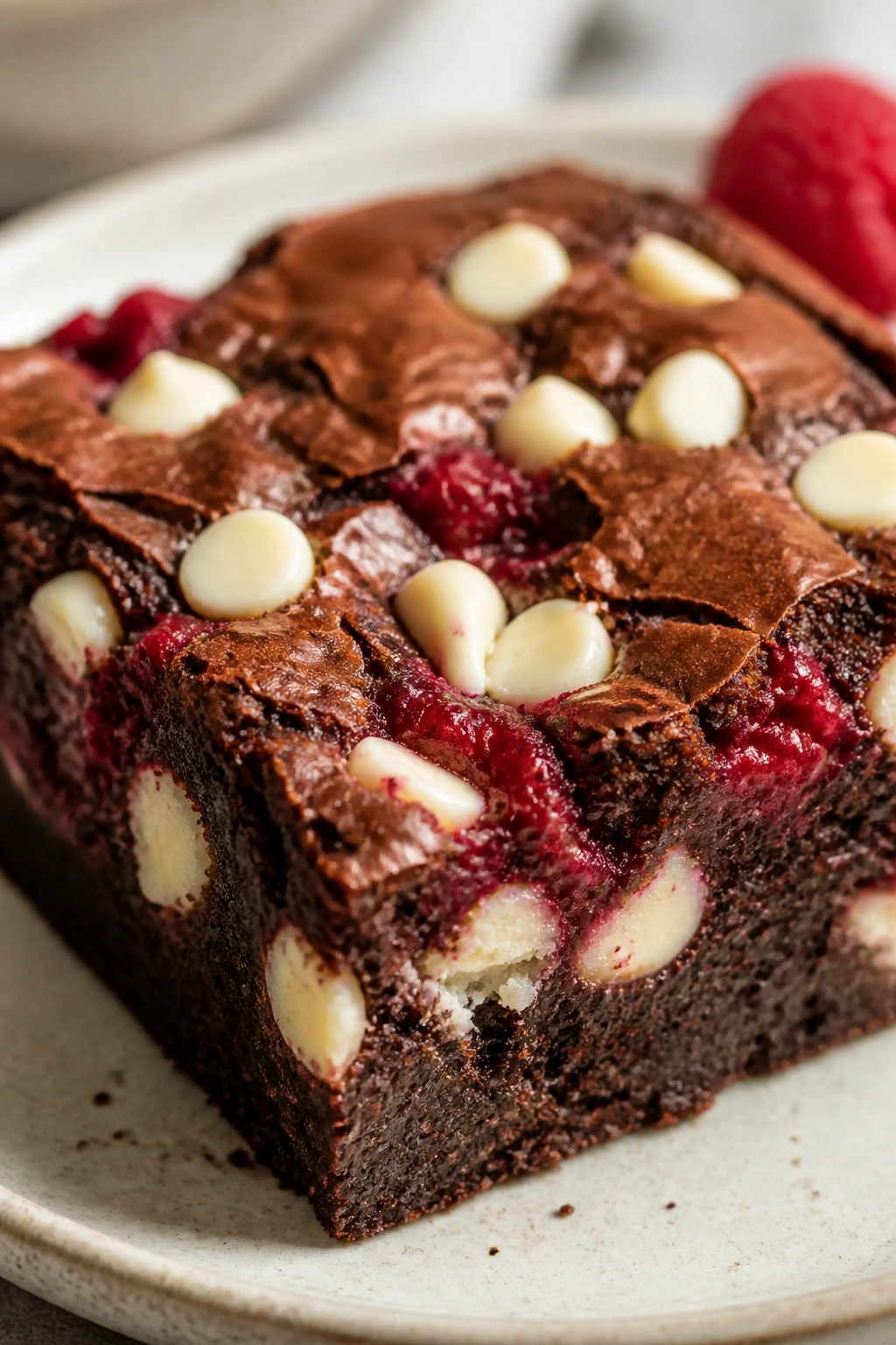 Close-up of a white chocolate raspberry brownie with chips and berry hint