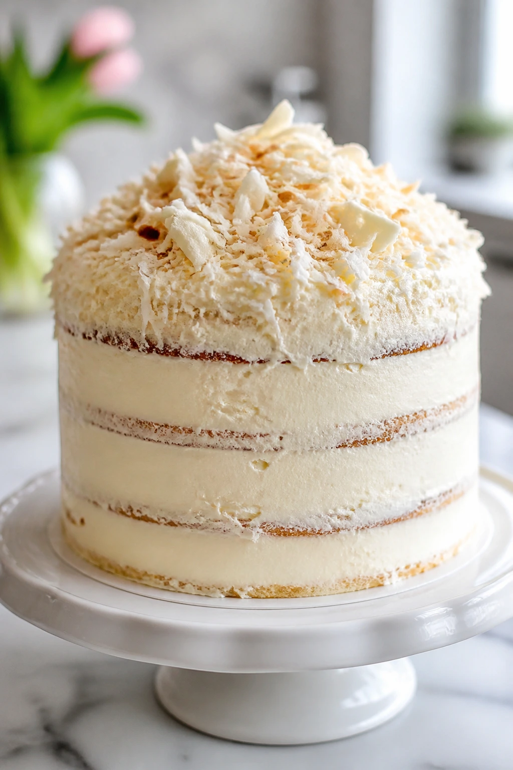 Tall white chocolate coconut cake with mascarpone frosting and coconut flakes on a cake stand.