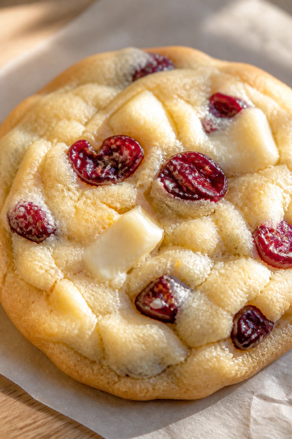 Close-up of a white chocolate cranberry cookie with white chunks and dried cranberries on parchment