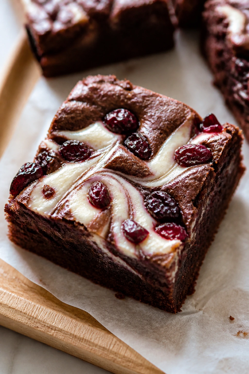 Close-up of white chocolate cranberry swirl brownie