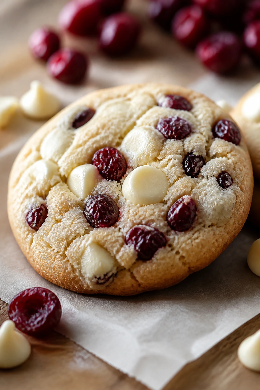 Close-up of a white chocolate cranberry cookie with cranberries and white chips on parchment.
