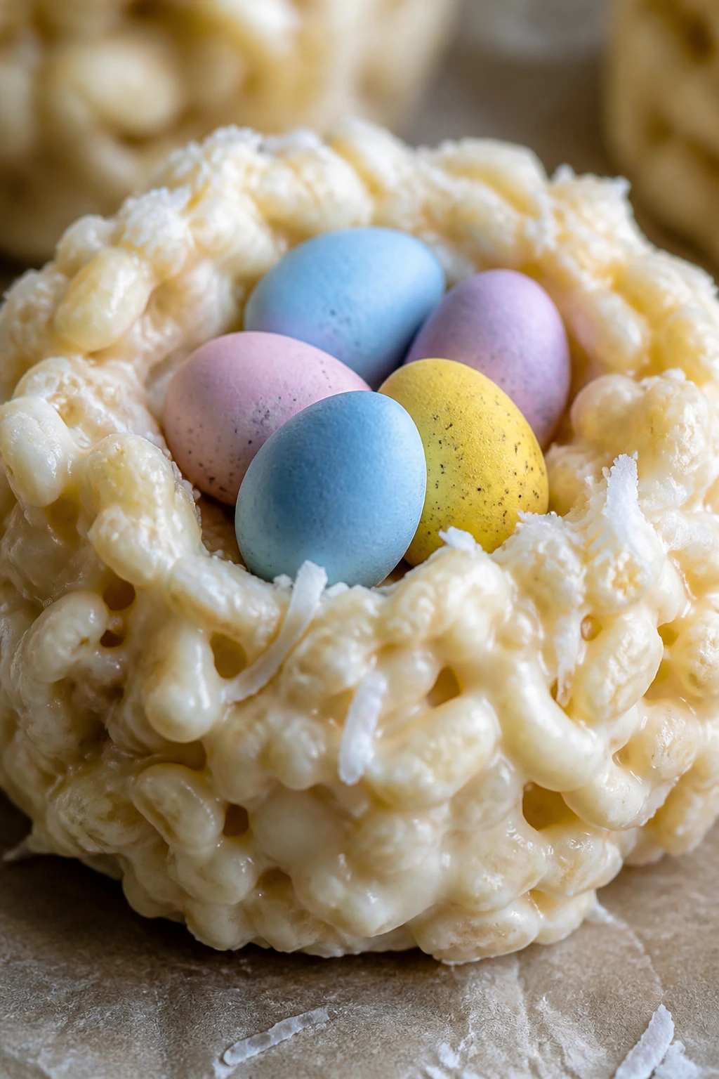 Close-up of a white chocolate crispy rice nest with coconut and candy eggs