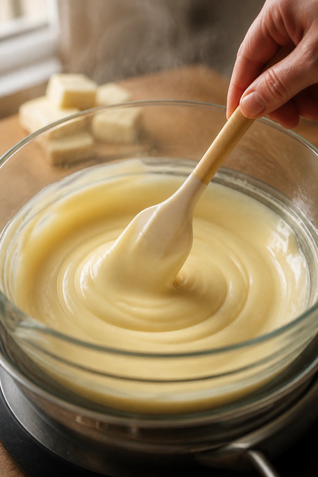 Close-up of a hand stirring glossy white chocolate ganache in a glass bowl