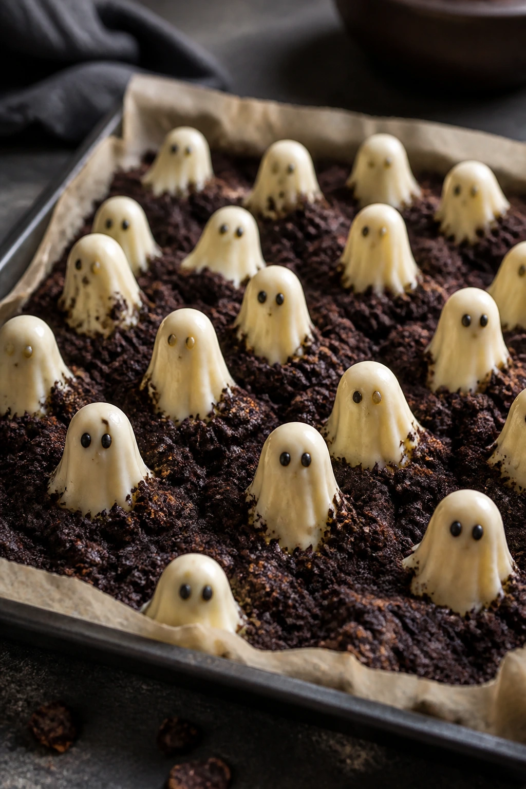 Dark brownies topped with small white chocolate ghost shapes and crumbs.