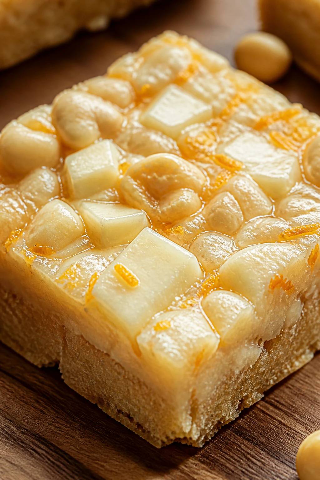 Close-up of white chocolate macadamia citrus bars