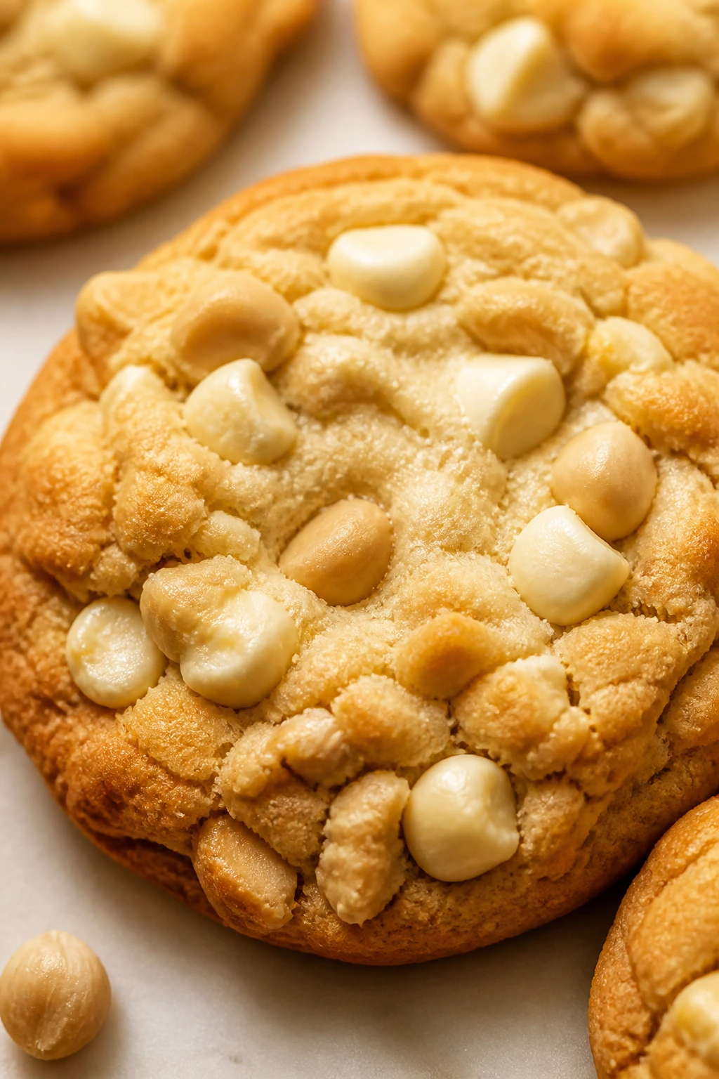 Close-up of white chocolate macadamia Easter cookie with nuts and chips.